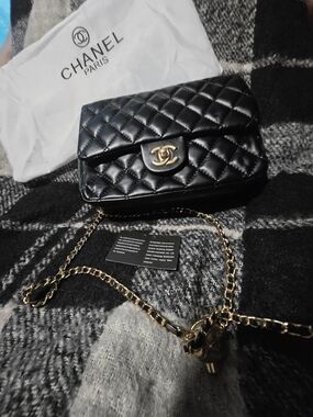 CHANEL Black Quilted Leather Crossbody with Gold Chain